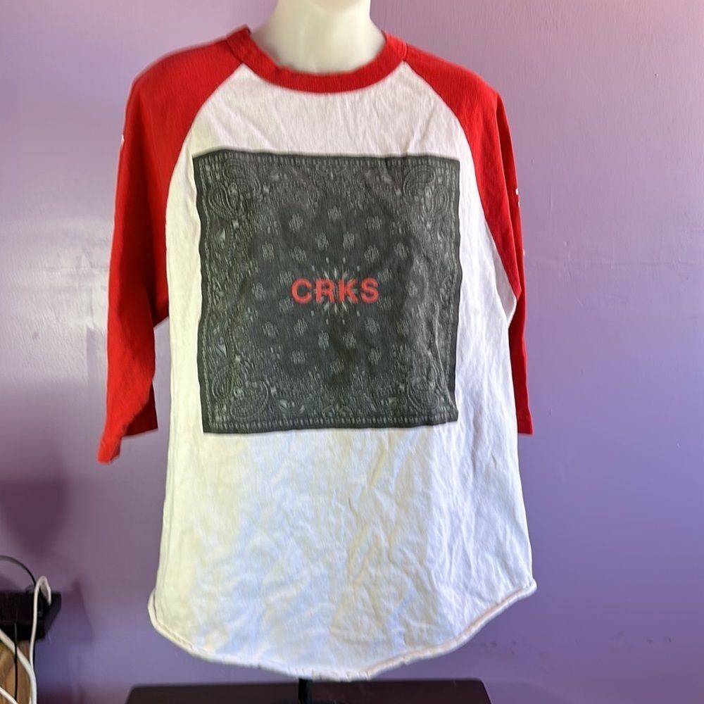 Crooks & Castles Women’s Red White 3/4 Sleeve T-Shirt Size Large Graphic Tee